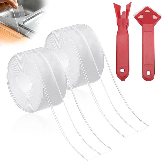 Tecnica di Sigillatura Acqua-Resistente - 2 Rotoli di Nastro di Sigillatura Transparente con 2 Attrezzi di Kit per Cucina, Bagno e Pavimenti, Ideale per Riparazioni e Finishing