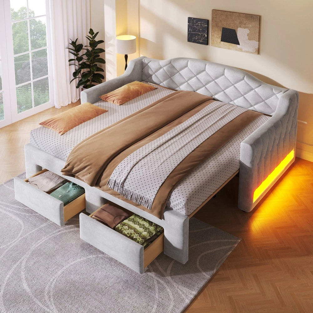 Letto Imbottito con Cassetti e LED ¨C Xylo ¨C Grigio, 90x200-180x200