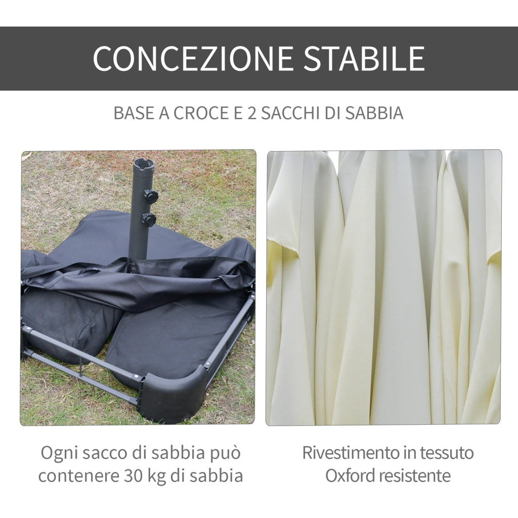 Ombrellone Doppio a 12 Stecche con Base a Croce e Manovella, in Acciaio e Poliestere, 455x265x238 cm, Beige
