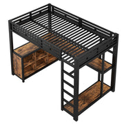Letto a Soppalco 140x200 cm; con Scrivania; LED; USB e Guardaroba; in Metallo e MDF; Nero