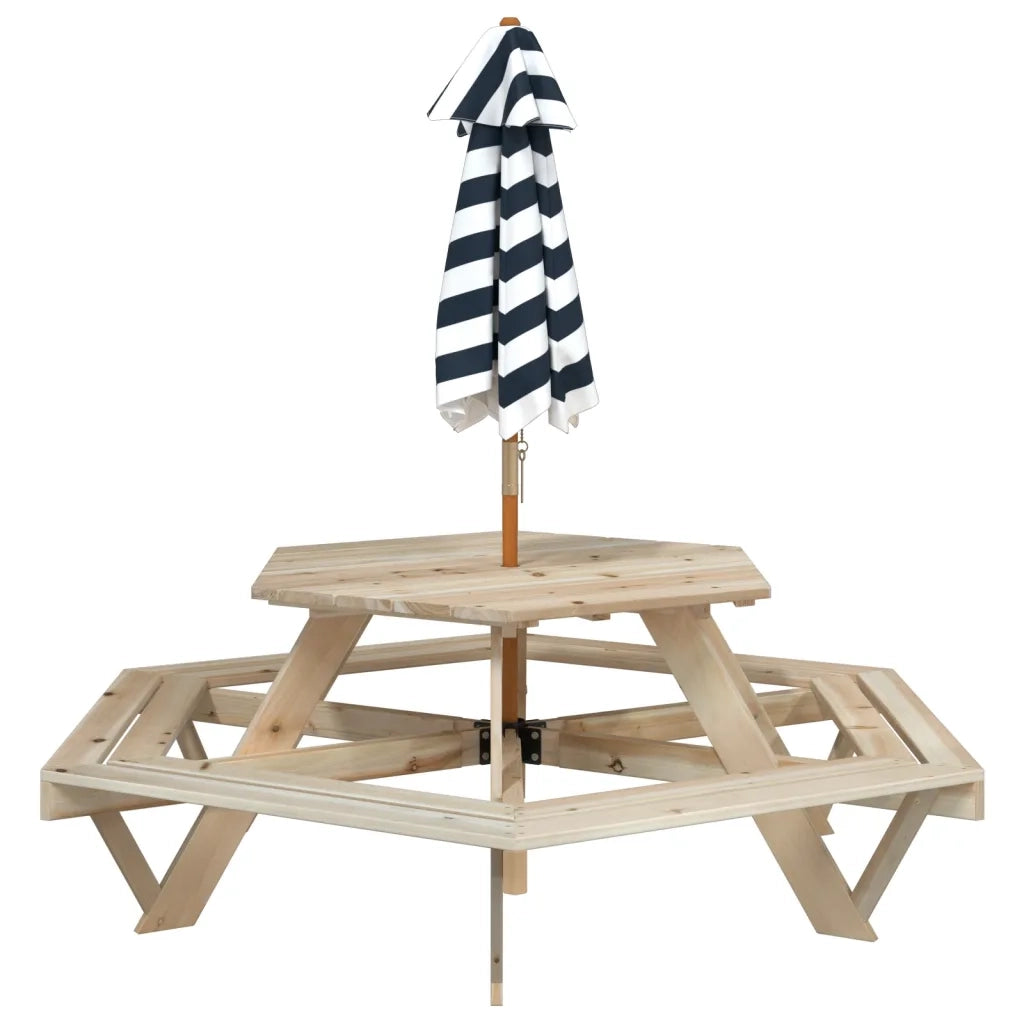 vidaXL Tavolo Picnic per 6 Bambini con Ombrellone Esagono Legno Abete