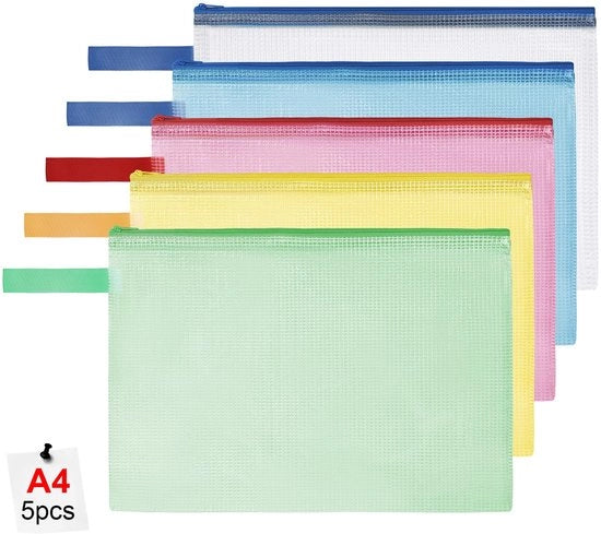 Documenti A4, set di 5 contenitori A4 con cerniera, sacchetto impermeabile in tessuto a rete con cerniera per documenti, carta, cosmetici, compiti e accessori da viaggio