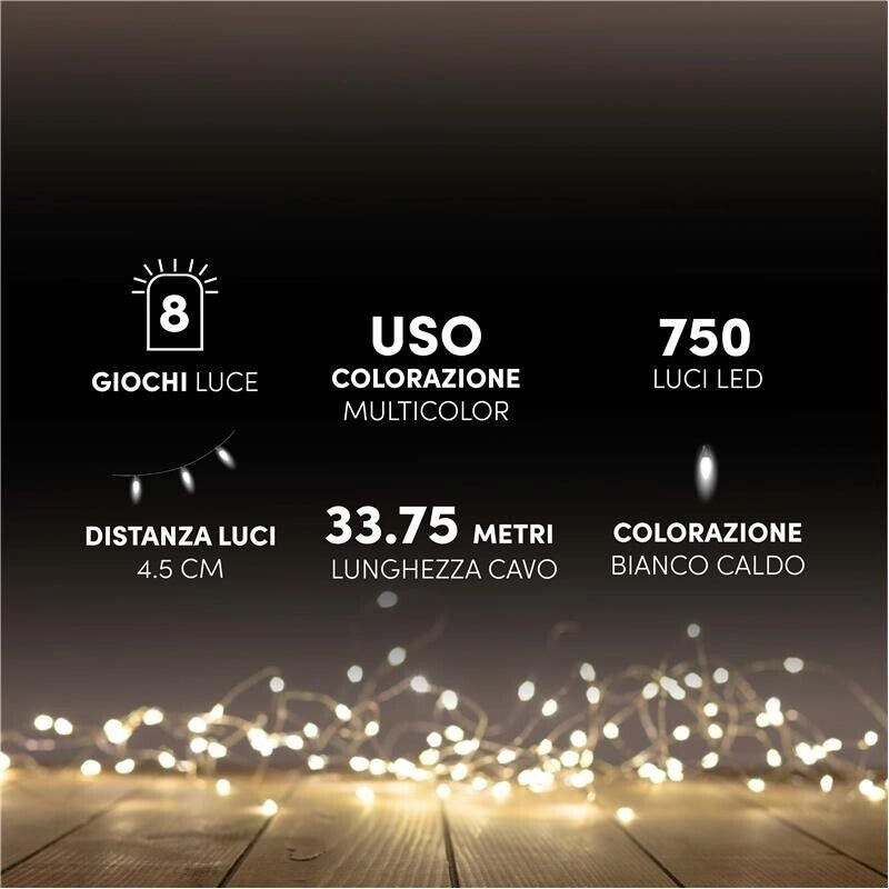 HIGH-TECH BOX MINILUCCIOLE CON FILO TRASPARENTE 750 LED BIANCO CALDO USO INTERNO ED ESTERNO