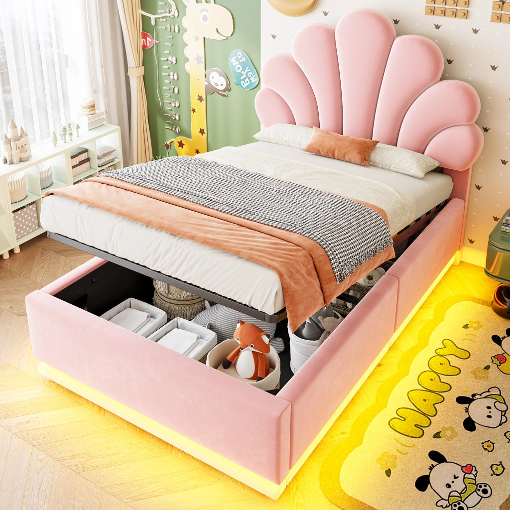 Letto singolo 90×200 cm con contenitore idraulico; LED e testiera a fiore; senza materasso; velluto; rosa