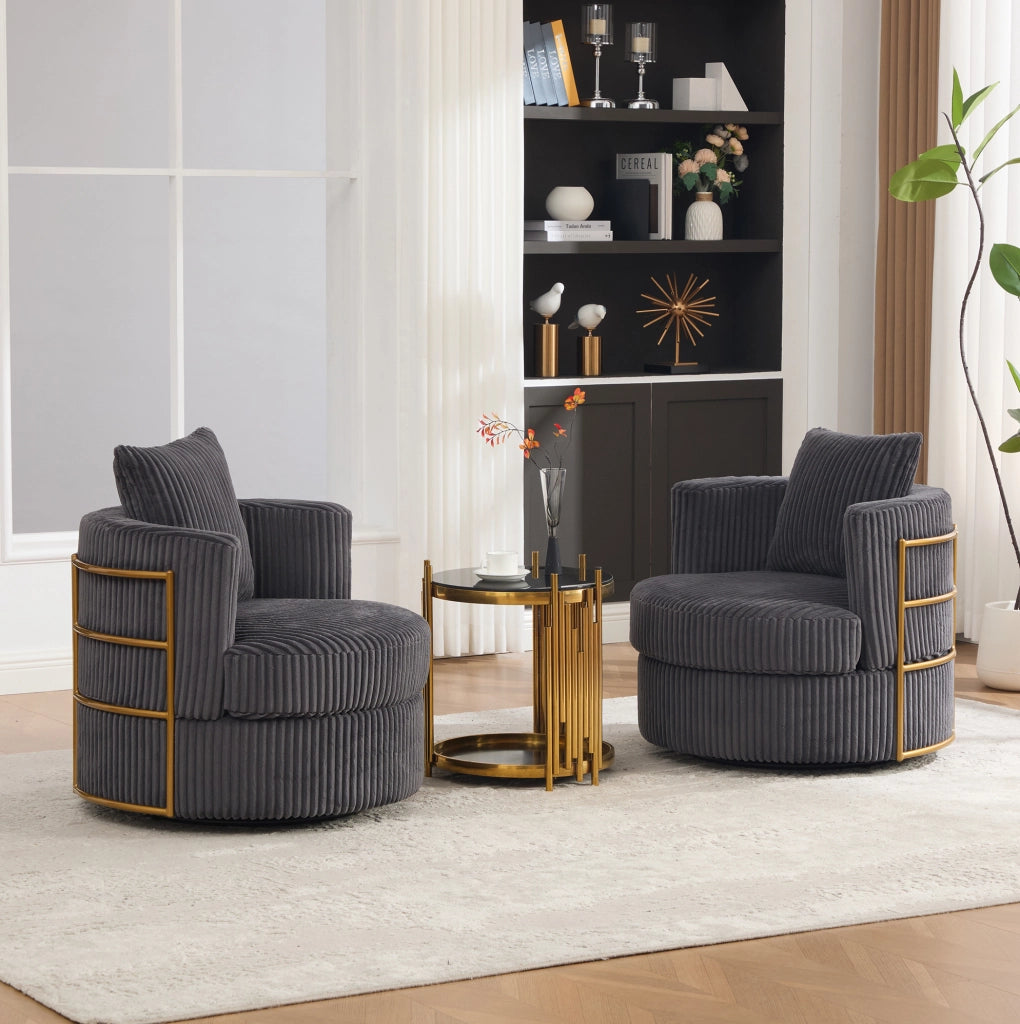 Poltrona girevole 360° in tessuto corduroy grigio; 76x79x78 cm; con vano contenitore