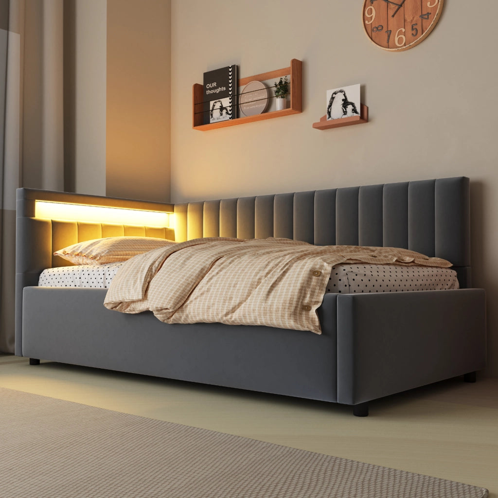 Divano letto imbottito 90x200 cm in velluto grigio con LED e contenitore idraulico