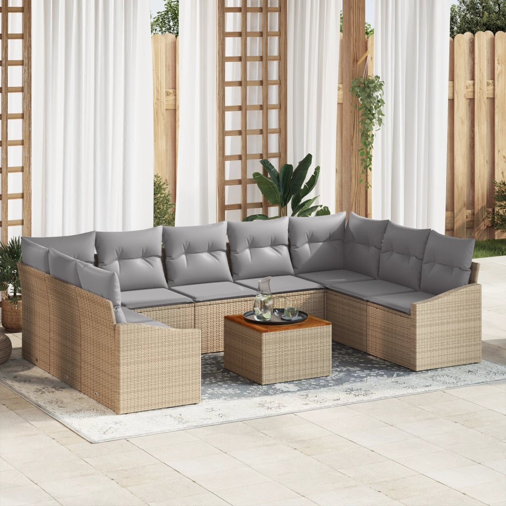 Set Divano da Giardino 10 Pezzi con Cuscini Beige Polyrattan Acacia