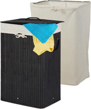 Wastafel opvolutile op bambù con coperchio - 80 litri - rettangolare - 2 sacchi di lavaggio - nero - 66 x 44 x 34 cm