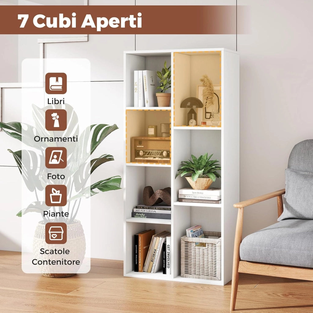 Libreria a 7 Cubi, Scaffale Espositivo con 2 Kit Antiribaltamento, Verticale o Orizzontale, Mobile per Camera da Letto Soggiorno Salotto, 49,5 x 23 x 106 cm (Bianco)