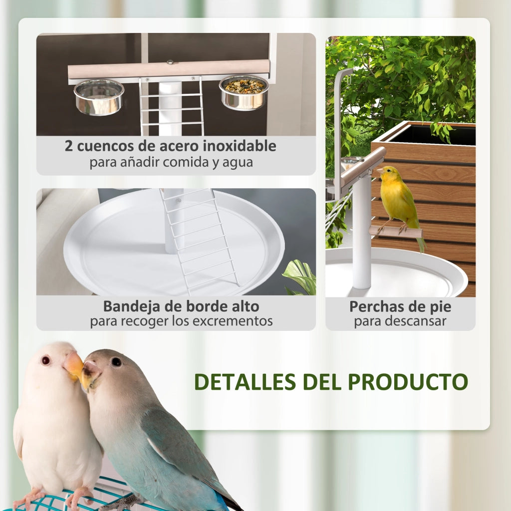Mangiatoia per Uccelli con Supporto ¨C Xylo ¨C ?60x138 cm con 4 Ruote 2 Ciotole Acciaio 2 Posatoi Bianco
