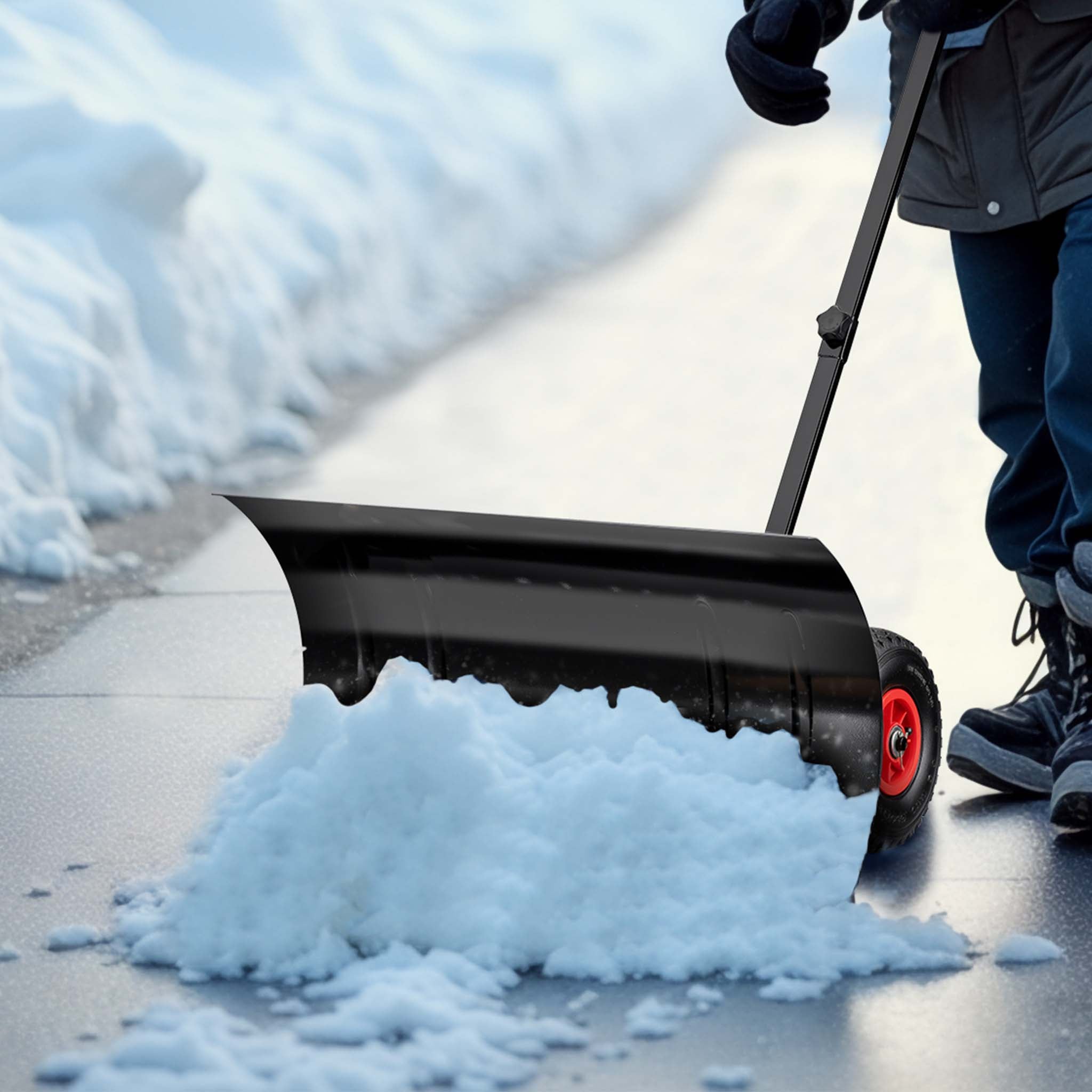 Spazzaneve manuale con ruote, pala neve 74x43 cm ruota 10", Carrello sgombraneve