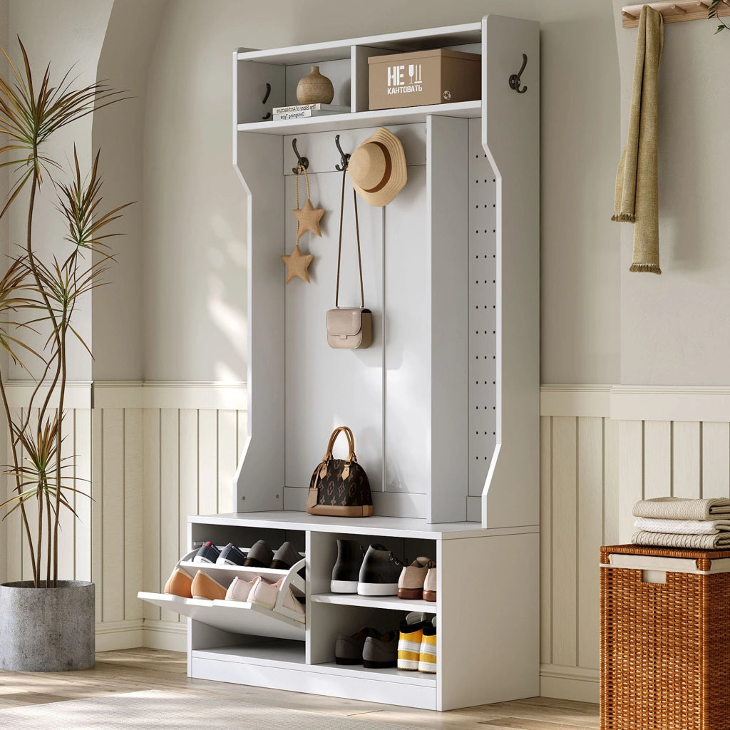 OKWISH Mobile da Ingresso con Panca, 6 Ganci, Vani Aperti e Scarpiera Ribaltabile, Bianco, 100 x 40 x 185.5 cm