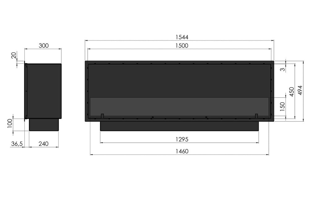 Camino a Bioetanolo da Incasso 154,4x59,4x30 cm Inside 1500 Slim Nero con Vetro