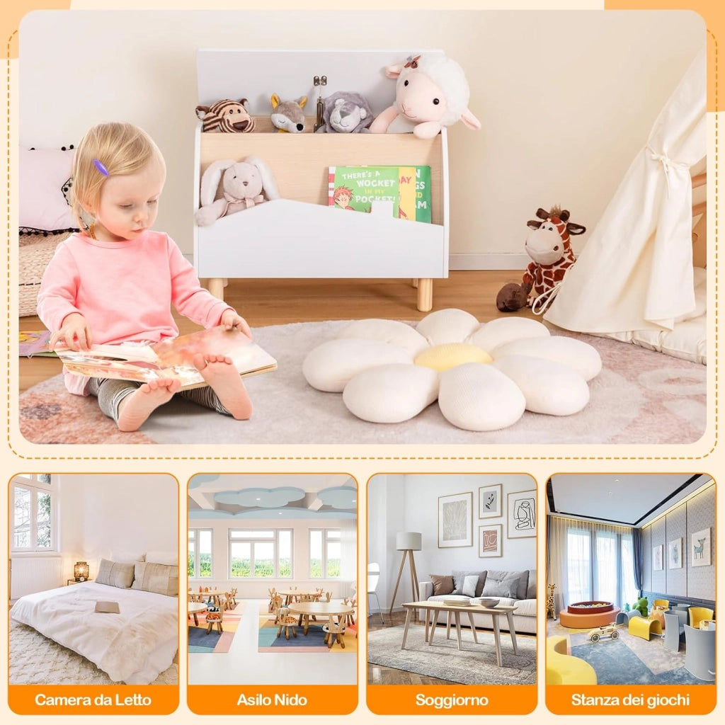 libreria Montessoriana 2-in-1 per Bambini in Legno, Scaffale Porta Libri e Giocattoli con Cassone, Coperchio Ammortizzato e Maniglie, Ideale per Cameretta e Nido, 60 x 30 x 44 cm (Bianco)