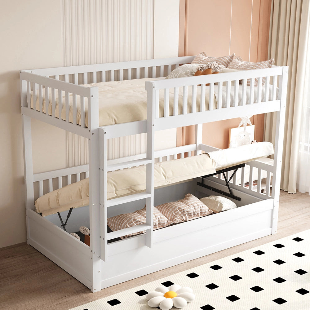 Letto a Castello/Cucce Bambini – Xylo – 90x200cm Legno Massello, Sollevamento Idraulico, Bianco, Robusto