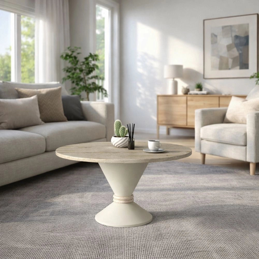 Tavolino Rotondo da Salotto Lepper Travertino e Cashmere con Dettaglio Circolare