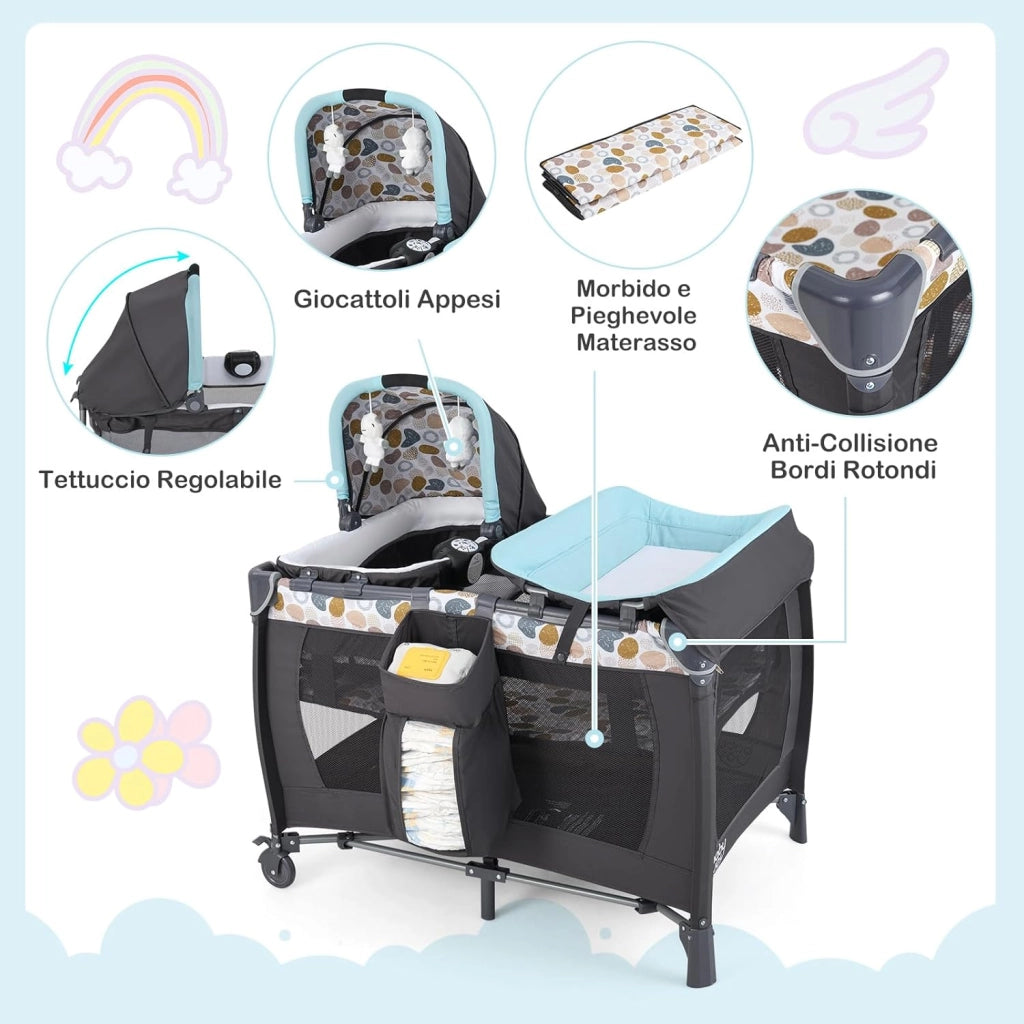 5 in 1 Culla Campeggio Bambini, Lettino Viaggio Neonati Pieghevole con Materasso, Fasciatoio, Box Portatile con Ruote, 2 Giocattoli e Carillon, per Bambini 0-3 Anni (Blu)