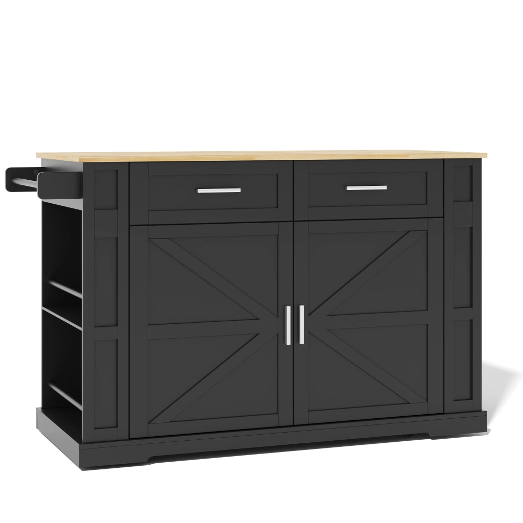 Isola da cucina mobile con piano estraibile, prese integrate, 2 cassetti, armadio a doppia anta e ruote con freno