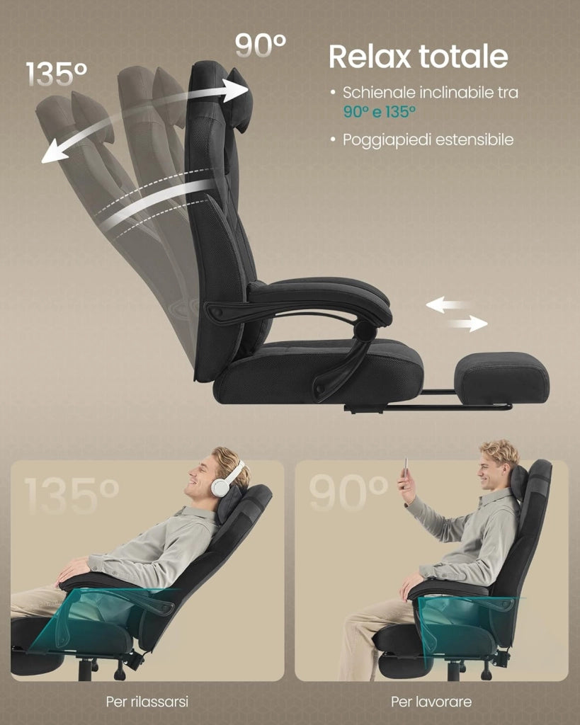 SONGMICS Sedia Gaming, Sedia Ufficio Scrivania, Ergonomico, con Poggiapiedi, Poggiatesta Regolabile, Cuscino Lombare, Portata 150 kg, Nero Inchiostro OBG077BH21