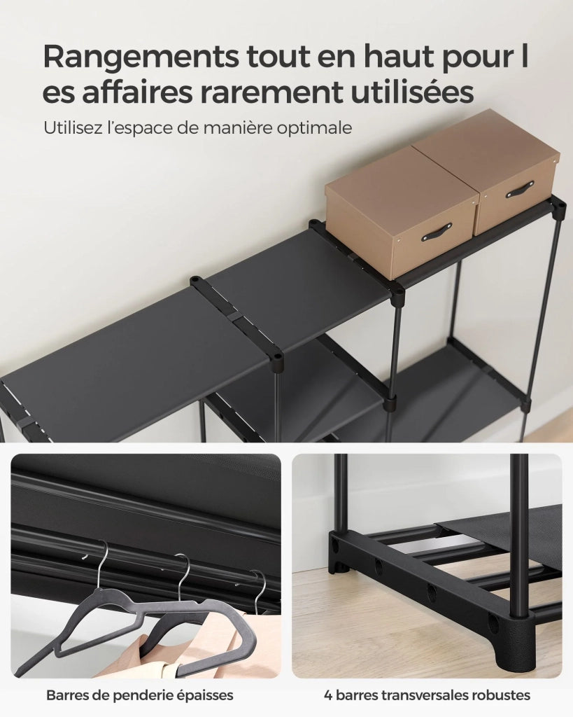 Armadio appendiabiti 43 x 138 x 182 cm 3 scomparti appendiabiti con ripiani grande capacità per camera da letto per adulti camera da letto per bambini soggiorno spogliatoio nero 12_0003978