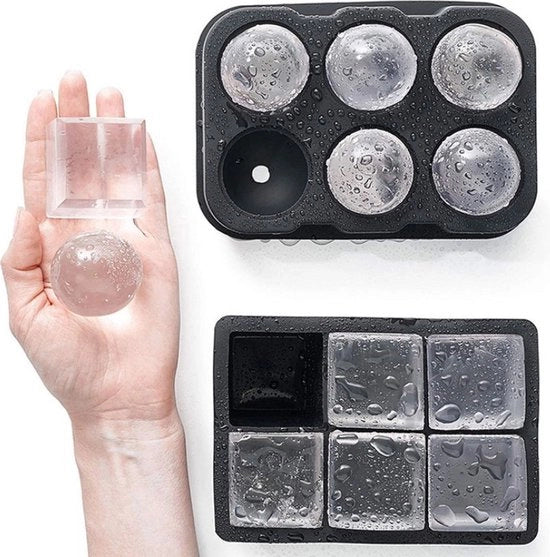 Set di 2 con 6 grandi palline di ghiaccio rotonde e 6 blocchi di ghiaccio quadrati - silicona alimentare sicura - Nero