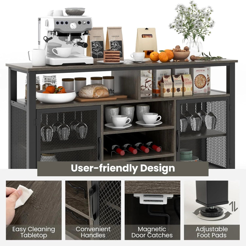 Credenza da Cucina con Portabottiglie e Portabicchieri, Mobiletto Porta TV 60", Armadietto Portaoggetti con Contenitore per Sala da Pranzo, Soggiorno, 140 x 40 x 82,5 cm (Grigio)