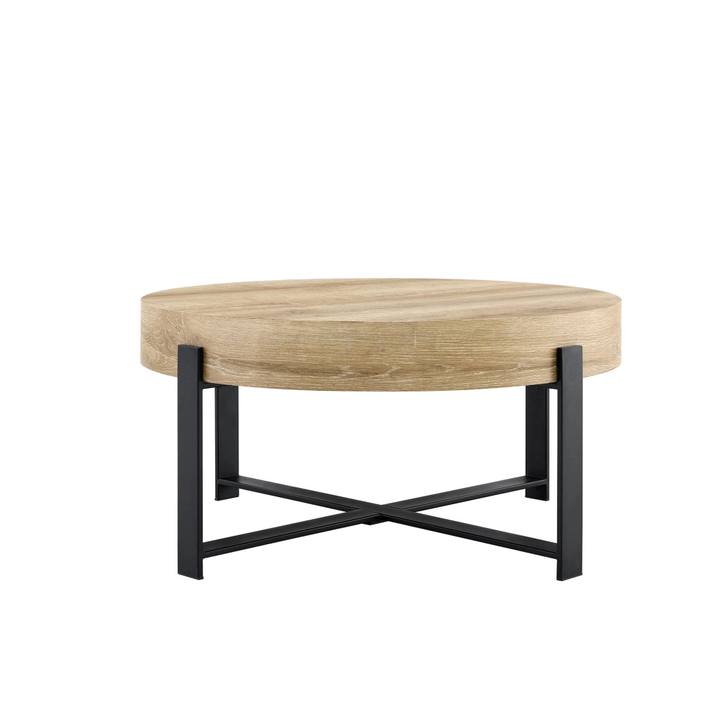 Tavolino da caffè rotondo ?68 cm in MDF e metallo nero; effetto legno
