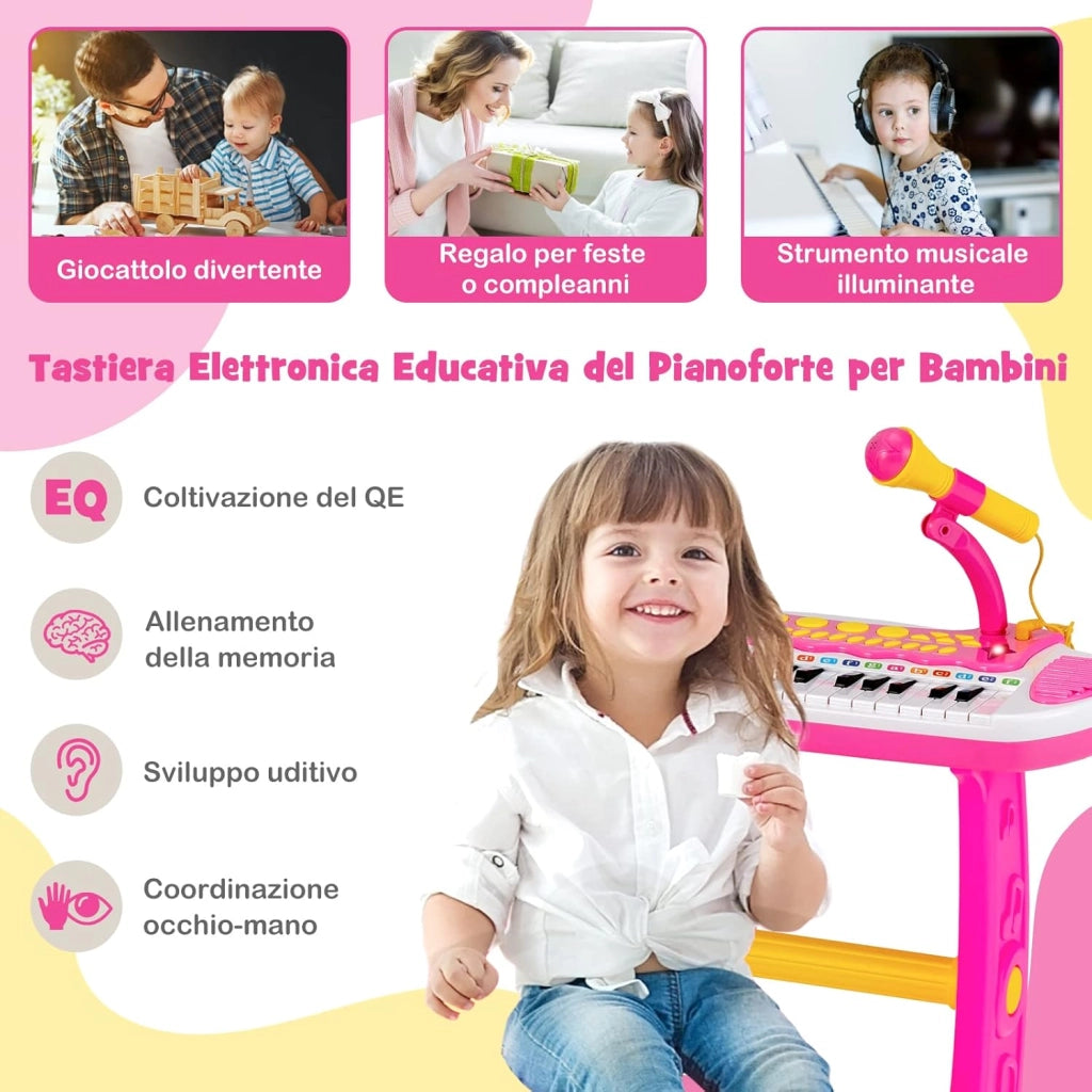 Tastiera Giocattolo a 31 Tasti, Pianoforte Digitale per Bambini, con Microfono Sgabello Luci, Funzioni di Record e Playback, Pianola Bambini con 22 Battiti/8 Toni/7 Ritmi, per 3+ Anni (Rosa)