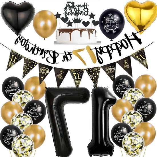 Decorazione di Compleanno per Ragazzi/Ragazze Ballo 17° Compleanno Decorazione in Oro-Nero 17 Anni Decorazione Oro-Nero