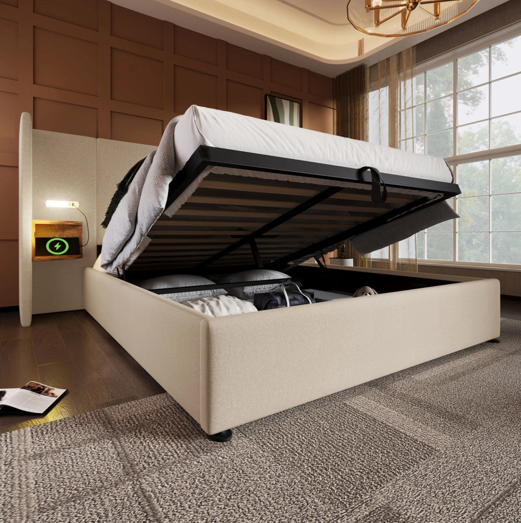 Letto matrimoniale 160x200 cm in lino beige con contenitore; lampada da lettura e porte USB Type-C