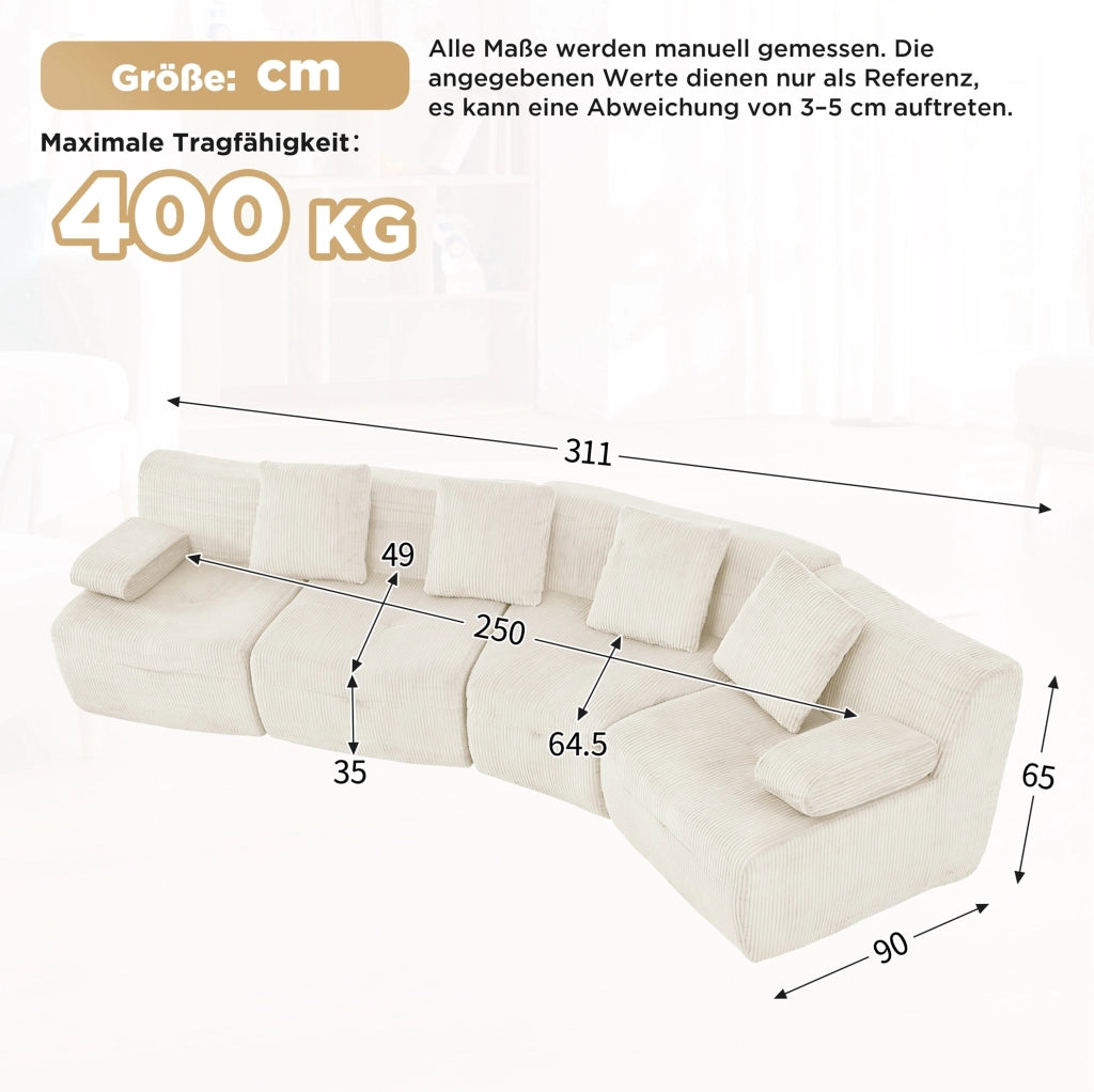 Divano modulare 4 posti in tessuto corduroy beige chiaro; 311x90x65 cm