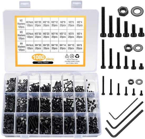 Set di viti Inbus - Assortimento M2 M3 M4 - 1080 pezzi - Acciaio trattato e anodizzato - Nero - Viti e anelli - Adatto per diversi lavori di fai da te