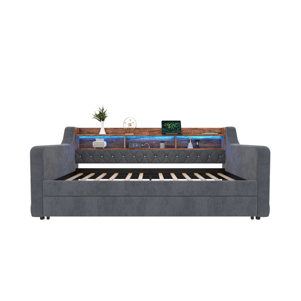 Letto Singolo Contenitore Imbottito in Velluto con LED e USB ¨C MINIMAL ¨C Grigio 90x190