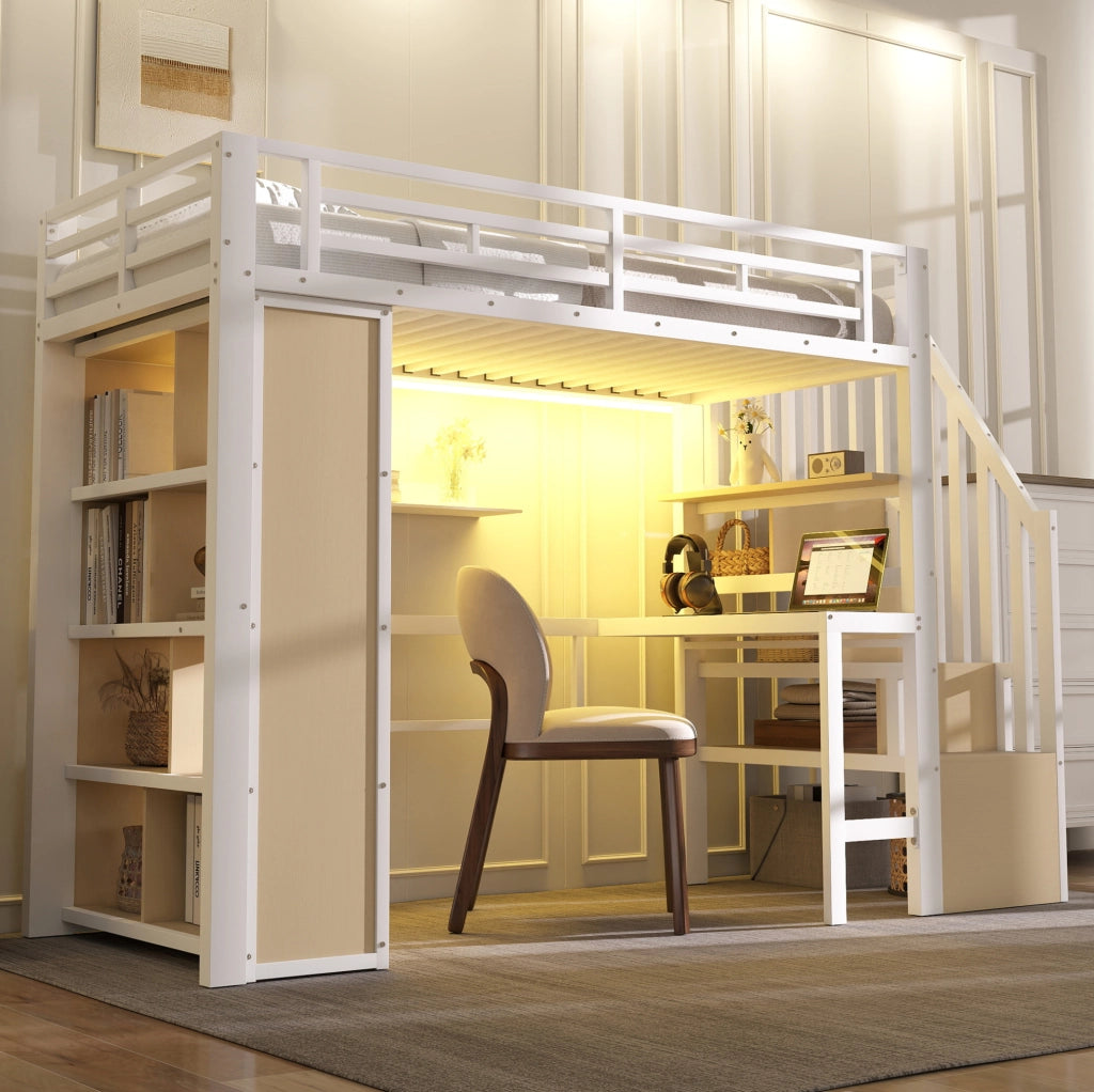 Letto a soppalco 90x200 cm con scrivania; LED e gradini contenitore in metallo e MDF; bianco
