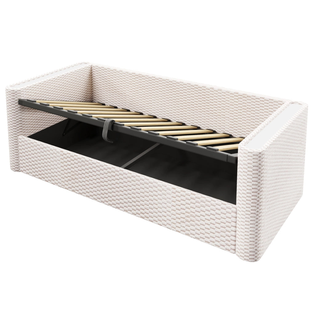 Divano letto daybed 90x200 cm in velluto beige con LED e contenitore idraulico