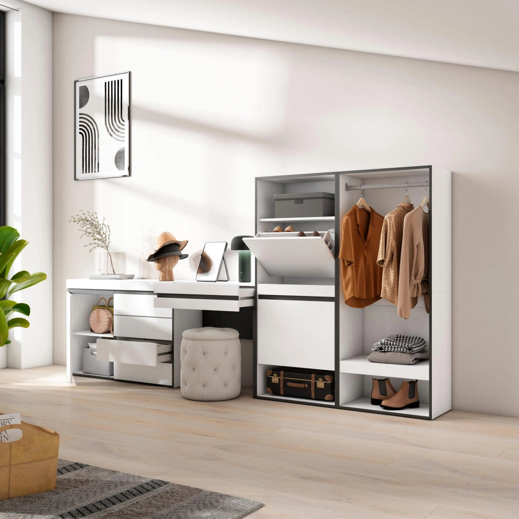 Scarpiera, 297x35x145cm, Camera da letto, Armadio Aperto, Cassettiera, Tavolo da toeletta, Bianco RF3512