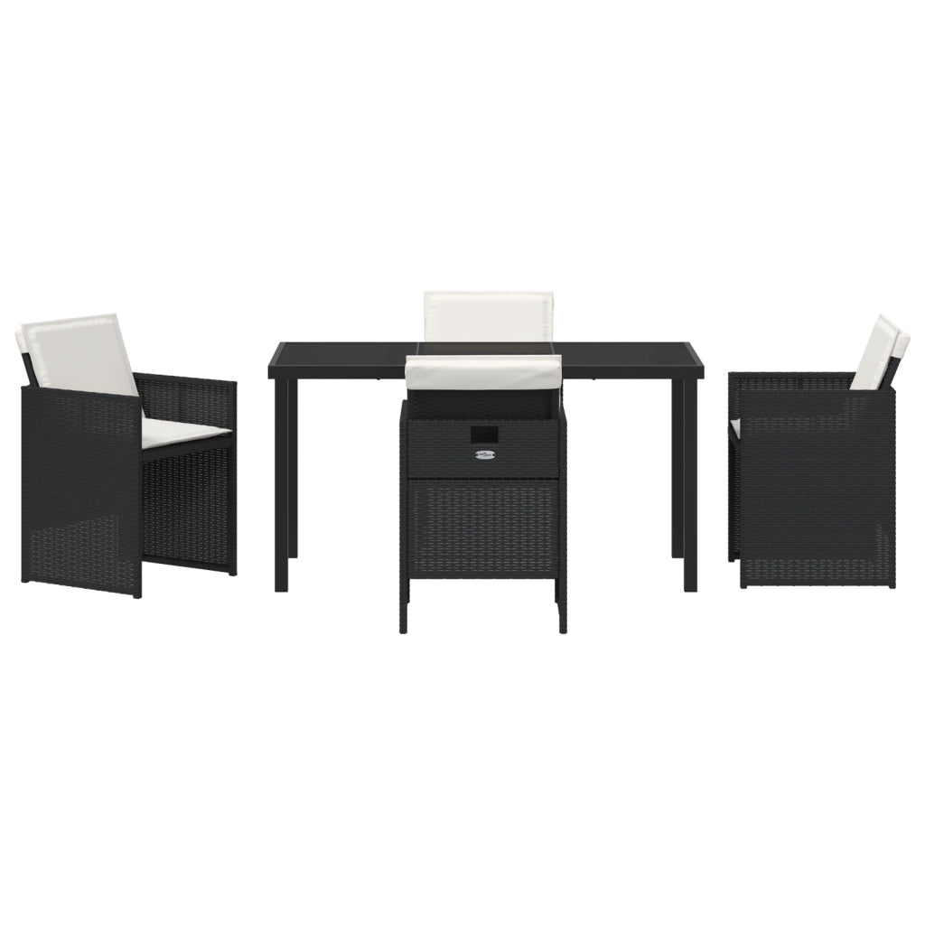 Set da pranzo da giardino di 5 pezzi con cuscini in polyrattan nero