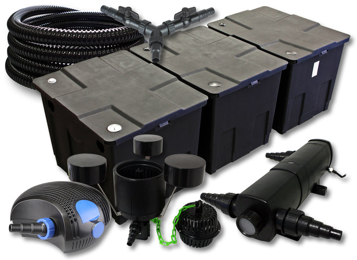 Set filtro per laghetto da 90000l Chiarificatore 36W Pompa ECO 100W Tubo 25m Skimmer