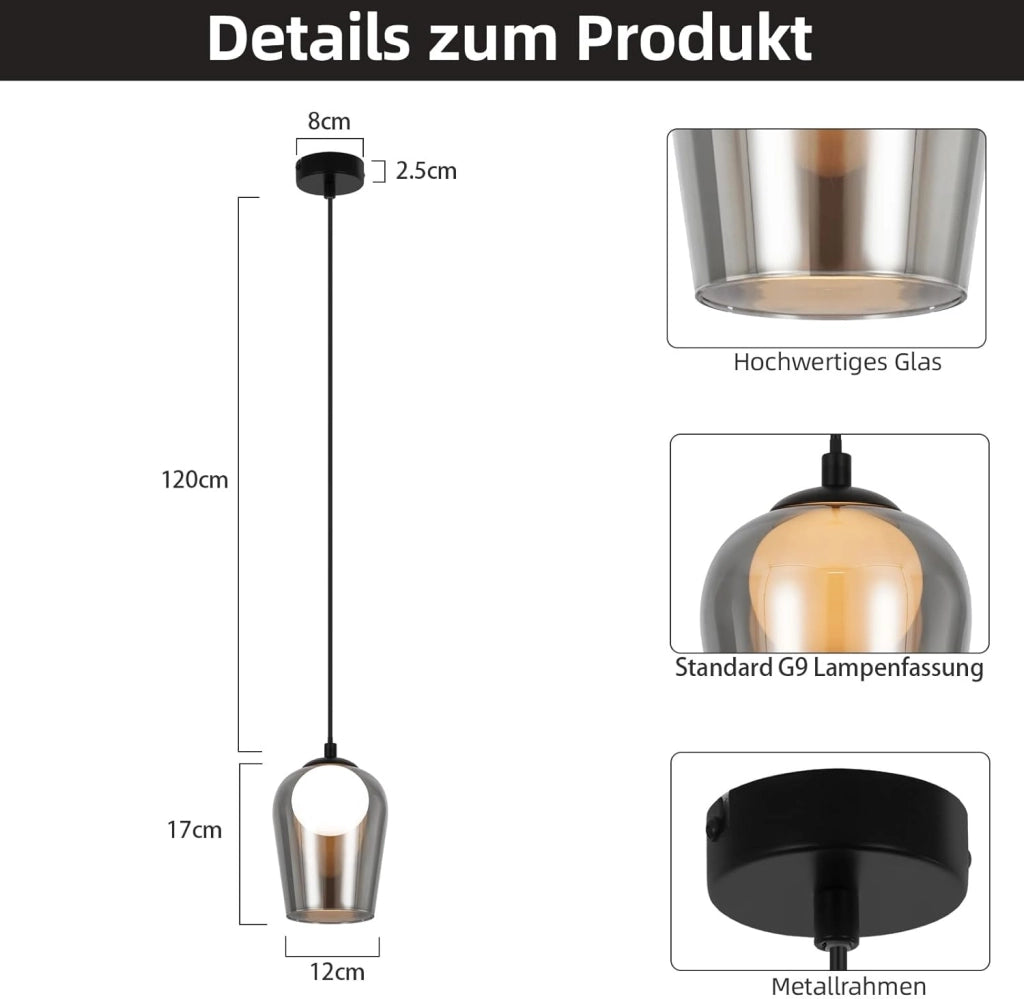 Lampada a sospensione ZMH vintage da tavolo per soggiorno ovale grigio fumo G9 regolabile in altezza