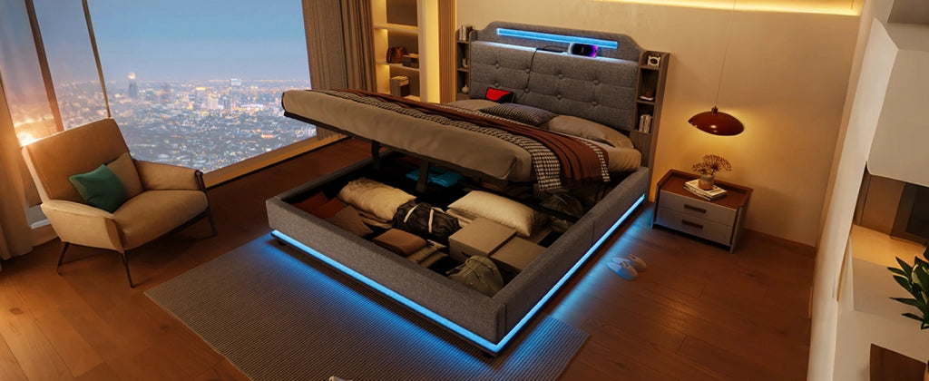 Letto imbottito 140x200 cm con contenitore idraulico e striscia LED; lino grigio