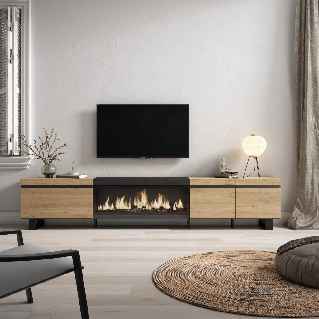 Mobile TV Soggiorno, 288x35x57cm, TV di grande formato, Camino elettrico XXL, Design industriale, colore Rovere e nero RF3614