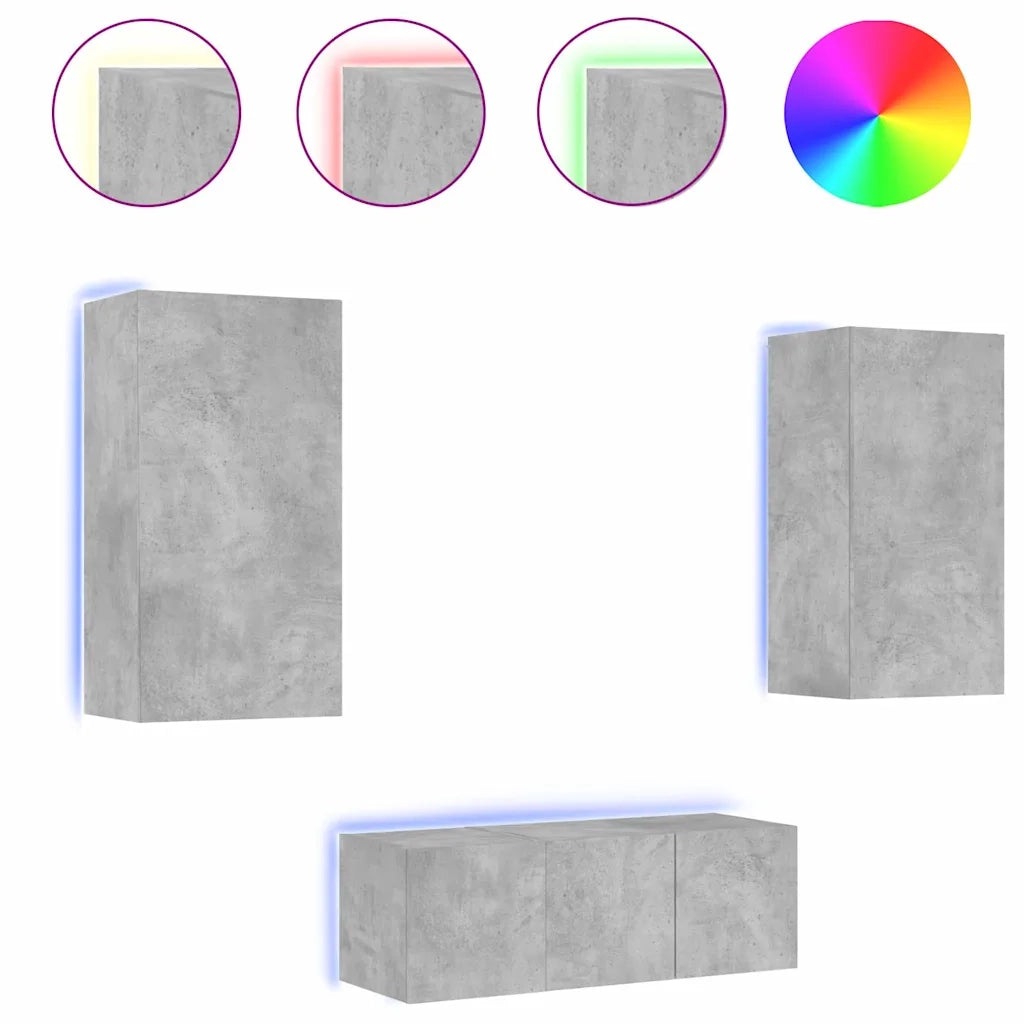 vidaXL Mobili TV a Muro con LED 4pz Grigio Cemento Legno Multistrato