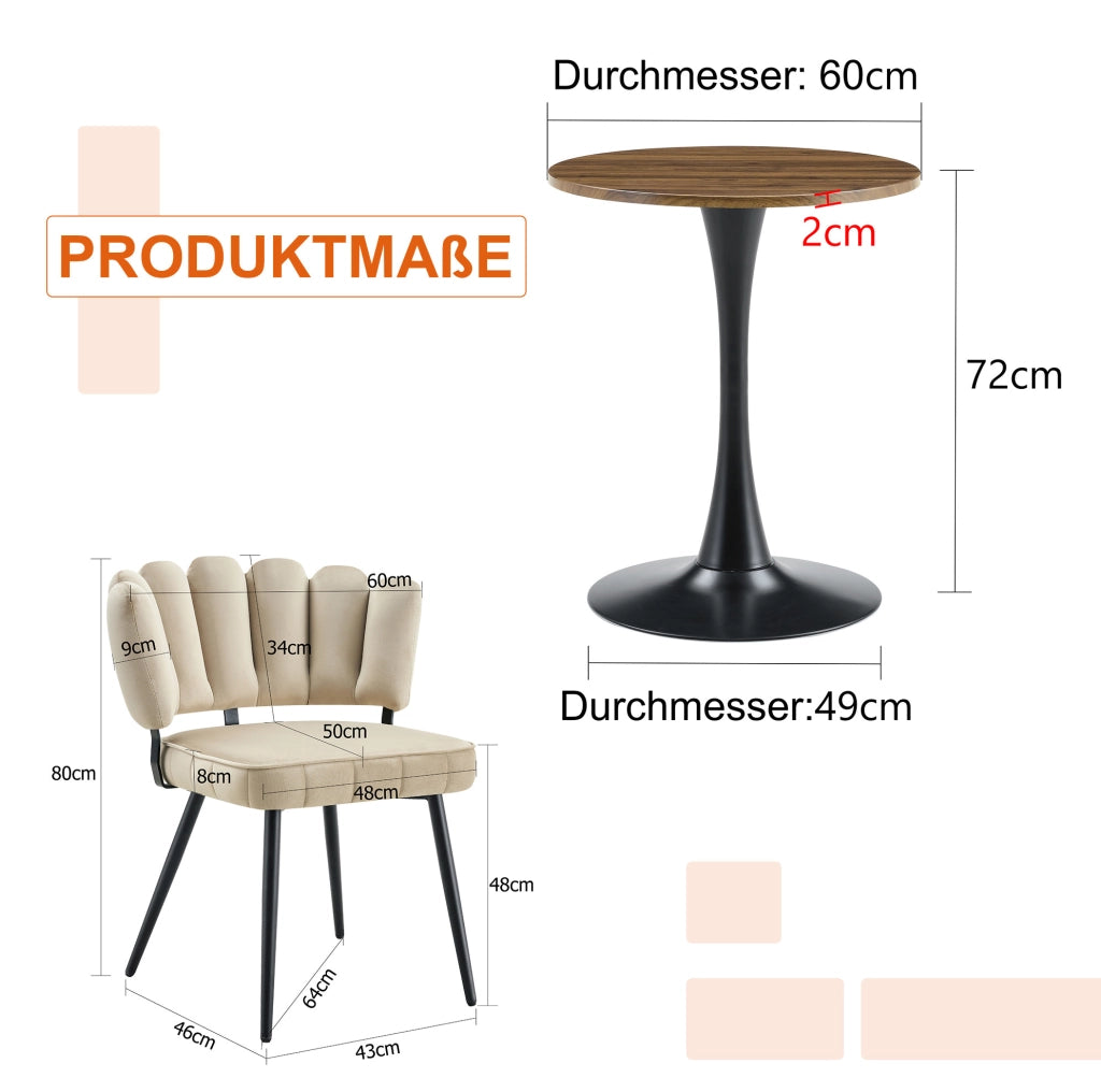 Set tavolo e sedie 60 cm in MDF beige e metallo nero per 2, stile moderno