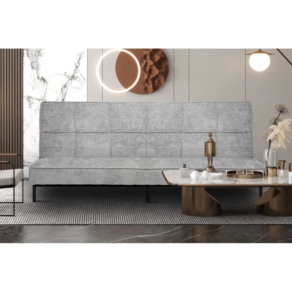 Divano letto CALMORA – Tessuto grigio – Materasso integrato – Struttura in legno – Design compatto ed elegante