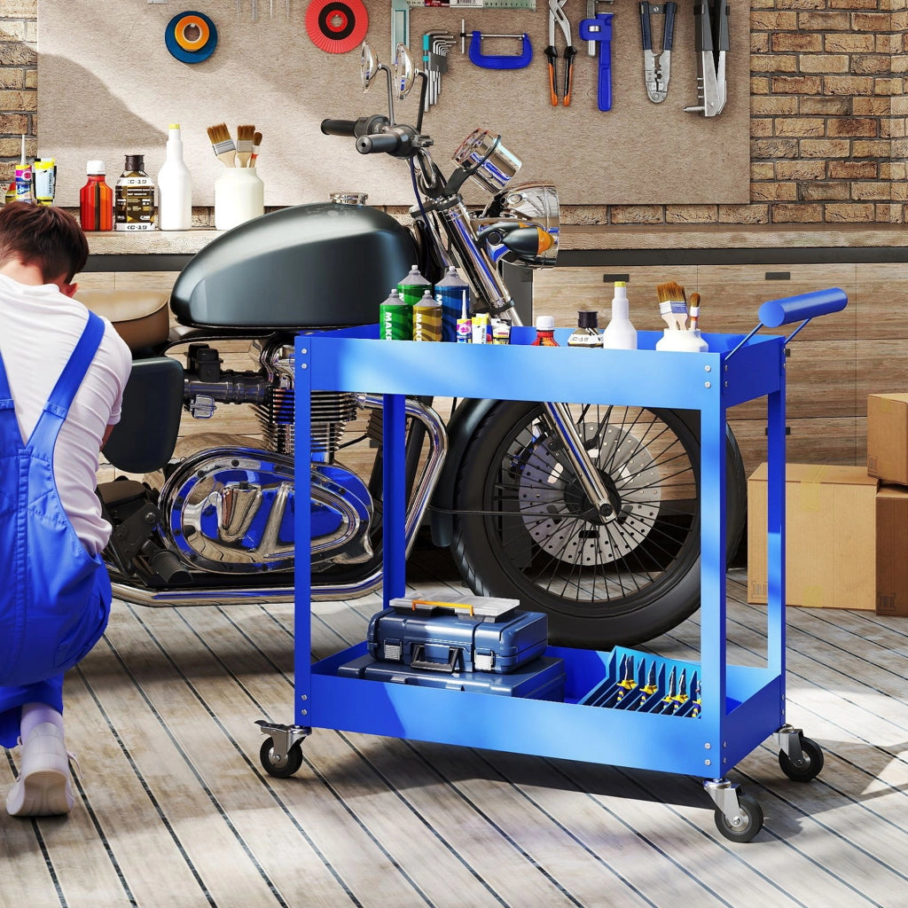 Carrello da lavoro a 2 livelli con maniglia laterale e ruote bloccabili ¨C zephmum ¨C 84.5x38x84cm blu