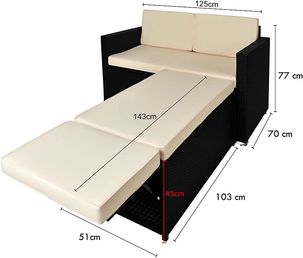 Casaria Divano Lounge 2 Posti Divanetto Nero con Cuscini Panna Pouf Mobile Chaise Longue Mobili Balcone