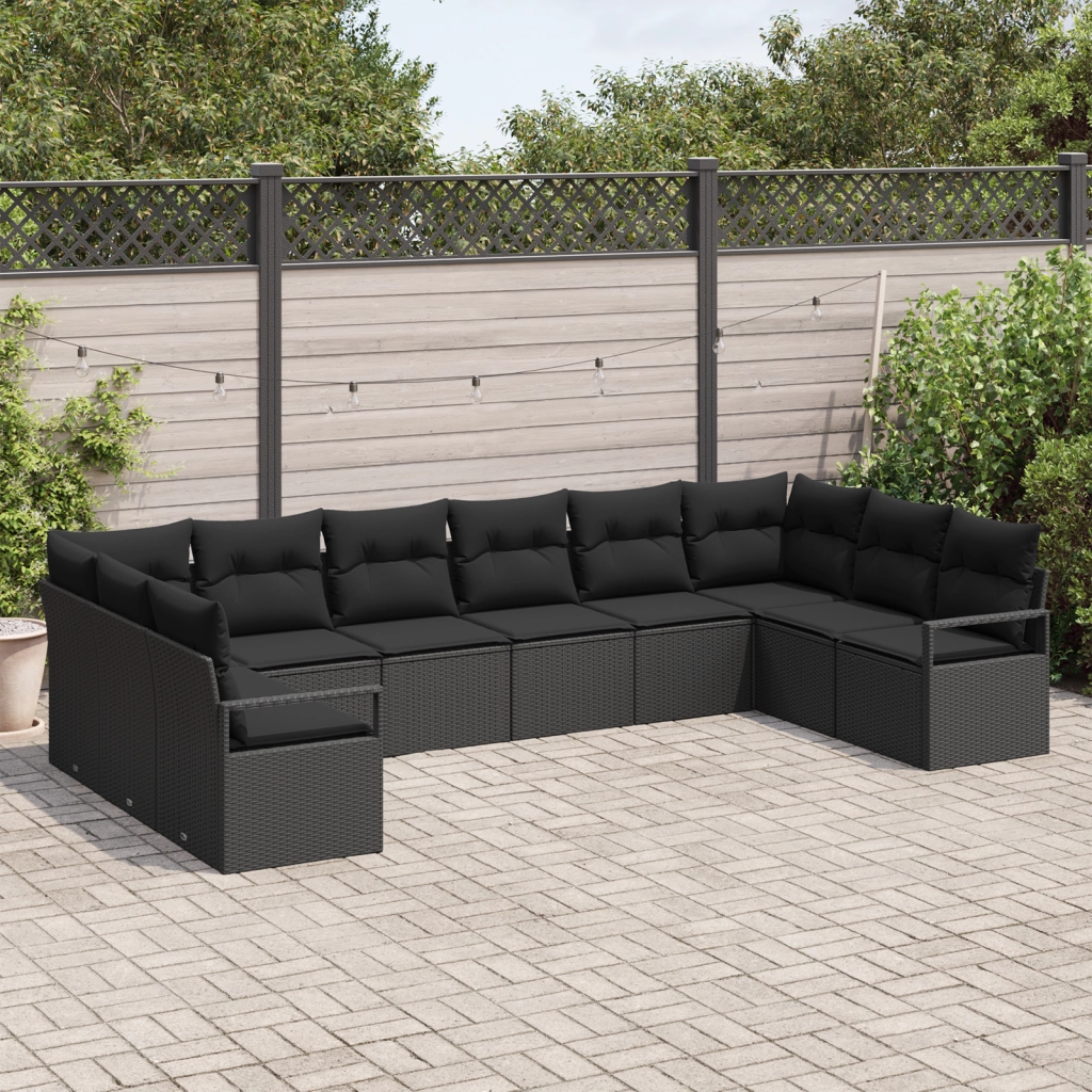Set Divano da Giardino 10 Pezzi con Cuscini Nero Polyrattan