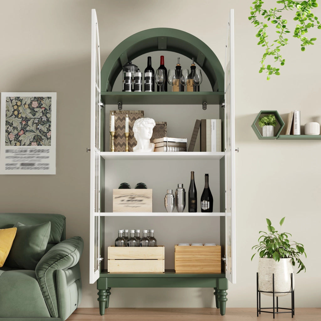 Vetrina ad arco con doppie ante in vetro rigato, 3 ripiani, MDF e metallo, verde, 76 × 38,5 × 165 cm
