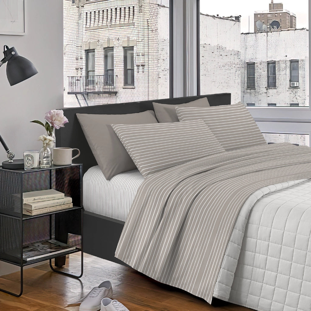 Completo Lenzuola Matrimoniale In Cotone Lenzuolo Sotto Sopra 2 Federe Certificato Oekotex Parure Letto Disegni Moderni Biancheria Di Alta Qualità Stripe Beige