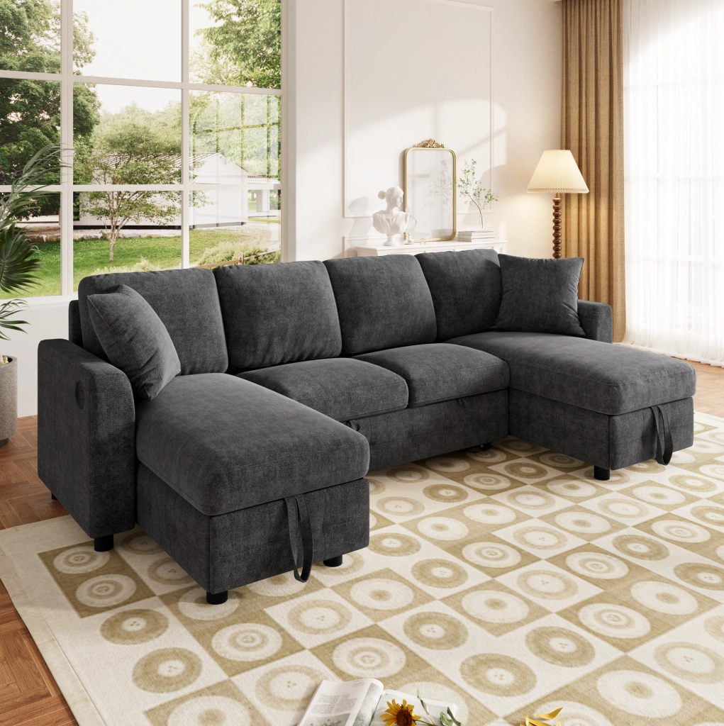 Divano letto a U in chenille con contenitore; USB e Type-C; grigio scuro; 260x128x82 cm